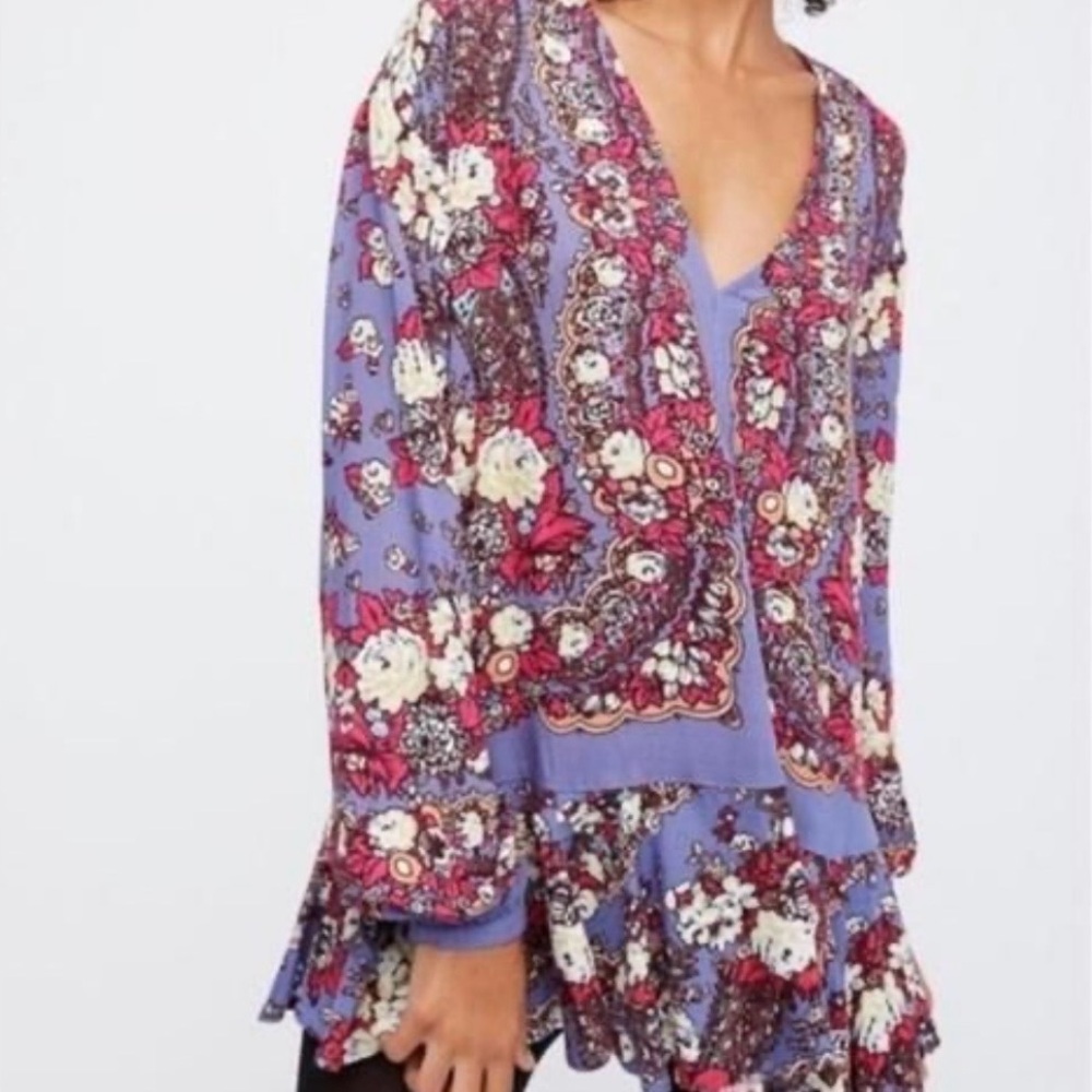 Free People Long Sleeve Tunic Top S Lovely Dreams Mulico Boho Floral Oversized